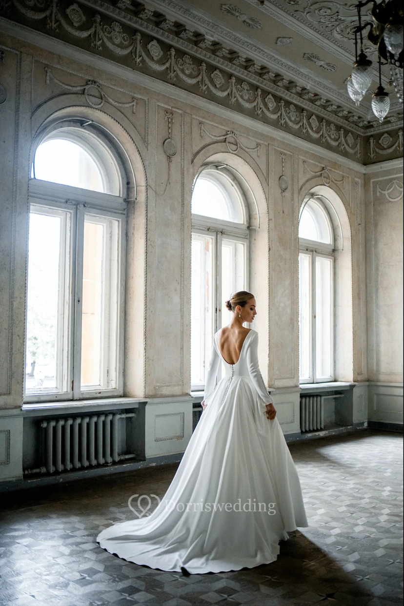 Simple Long Sleeve Satin Crepe Winter Ball Gown Wedding Dress view 7