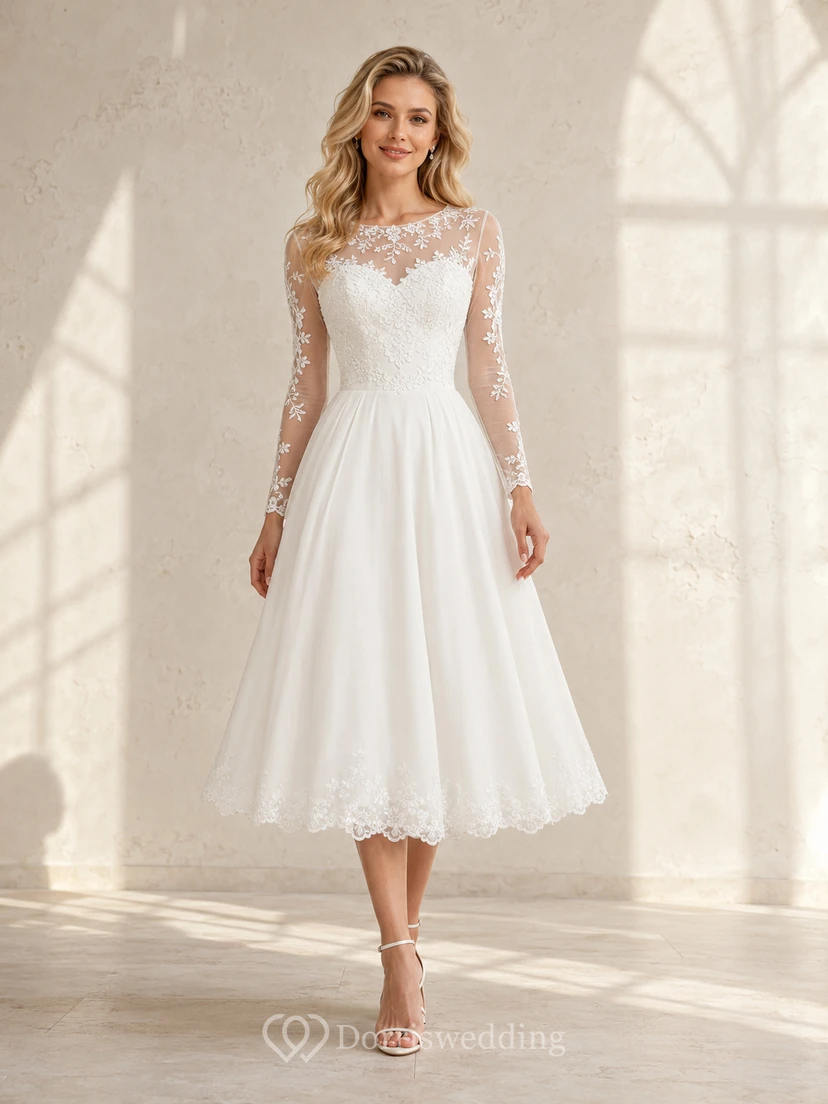 Vestido de novia modesto de largo midi, estilo barco, con mangas largas de encaje y tul, ideal para bodas al aire libre.