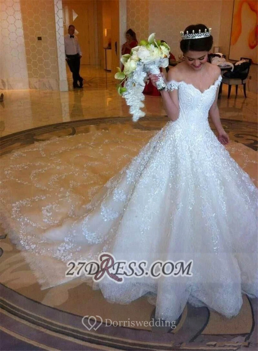 Elegant Off-shoulder Tulle Wedding Dress Ball Gown With Lace Appliques view 4