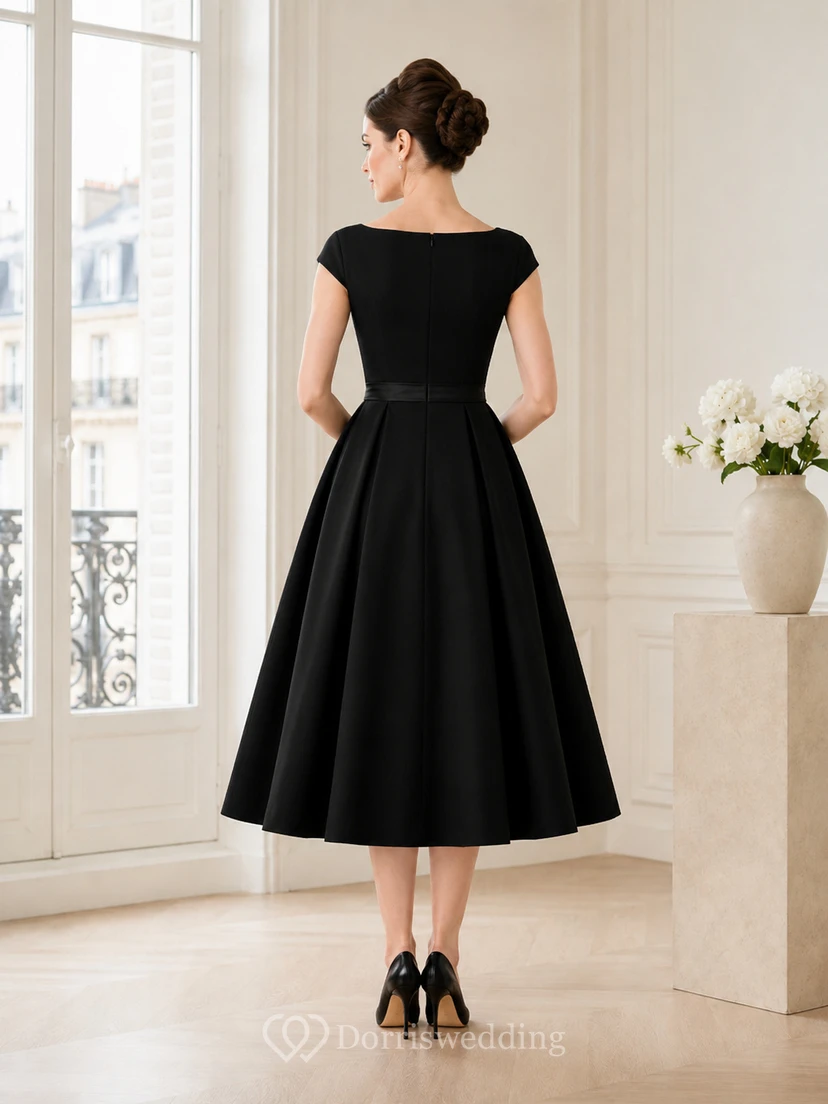 Schwarzes, plissiertes Vintage-Cocktailkleid aus Satin mit U-Boot-Ausschnitt, kurzen Ärmeln und Teelänge view 2