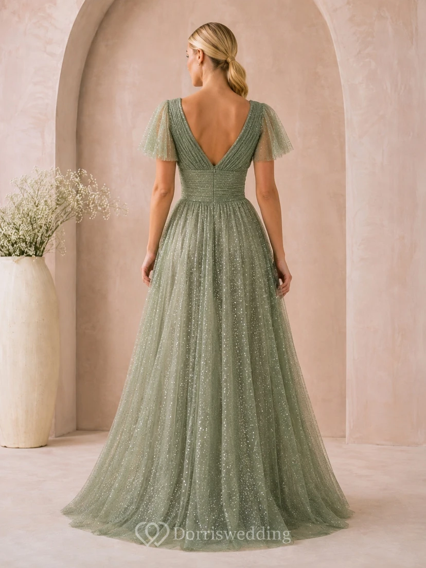 Robe longue en tulle pailleté, coupe trapèze, col en V et manches papillon, couleur sauge romantique view 2