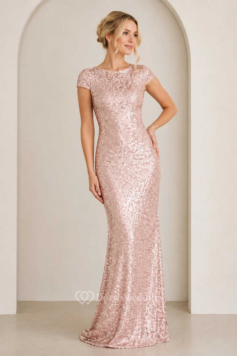 Sequin Gold Bridesmaid Dress | Long Sparkly MOB Glitter Gown with Sleeves view 15
