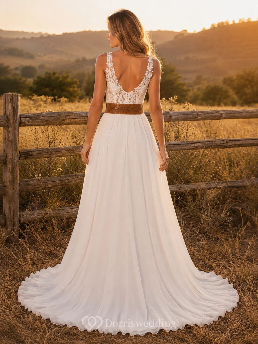 Robe de mariée champêtre en mousseline et dentelle, coupe trapèze, col en V, sans manches, traîne, dos nu plongeant. view 2