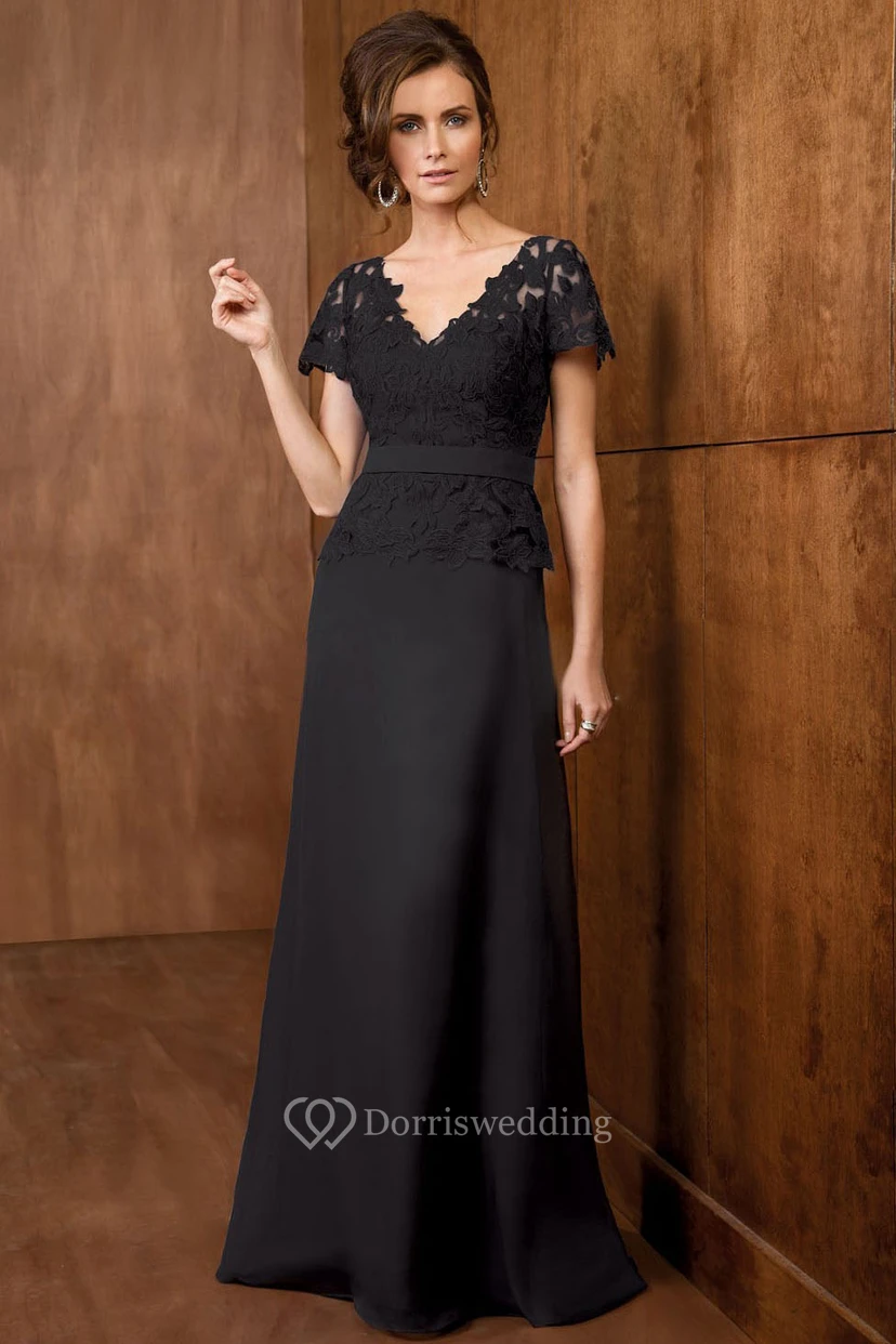 Short-Sleeved V-Neck A-Line Mother Of The Bride Dress With Peplum Style And Lace