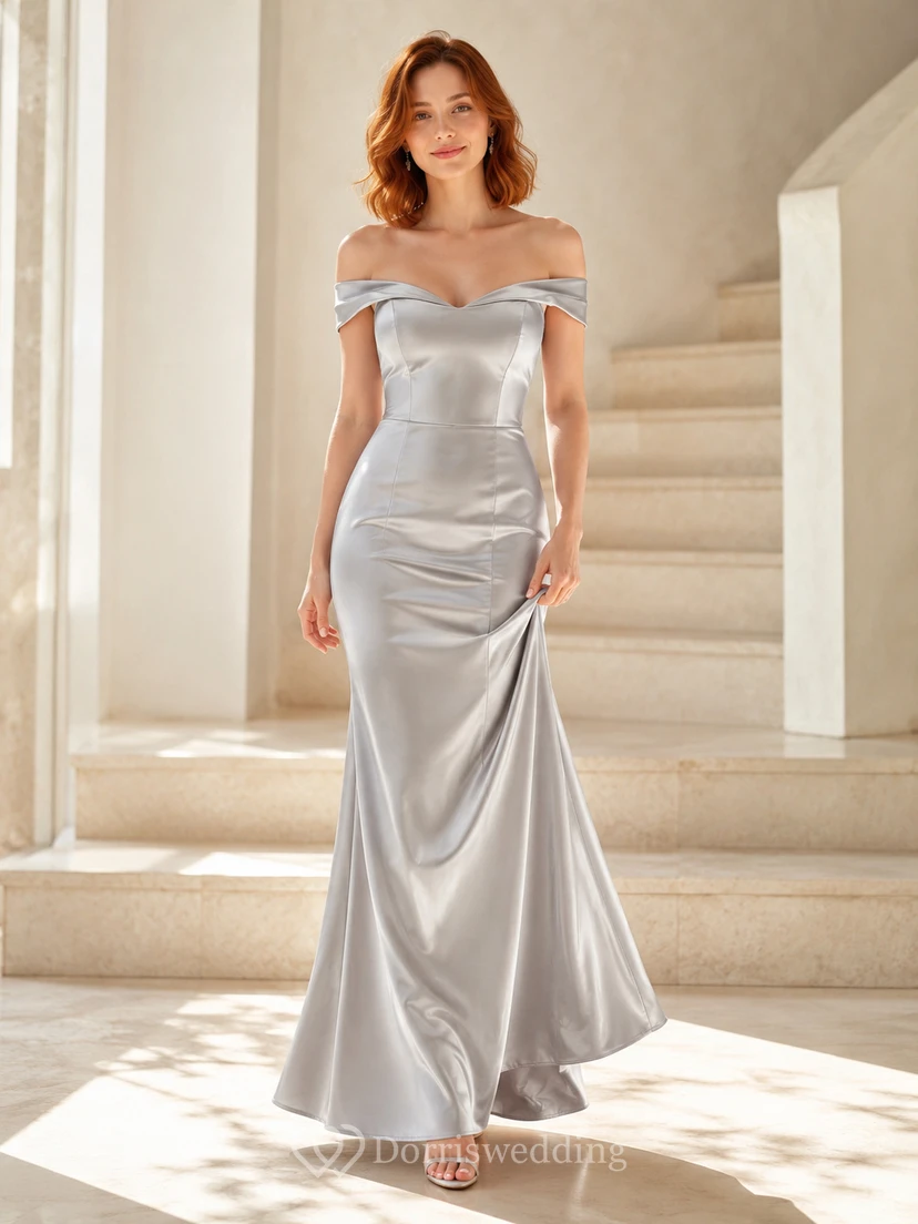 Silver Satin Off Shoulder Mermaid Petite Prom Gown With Drape