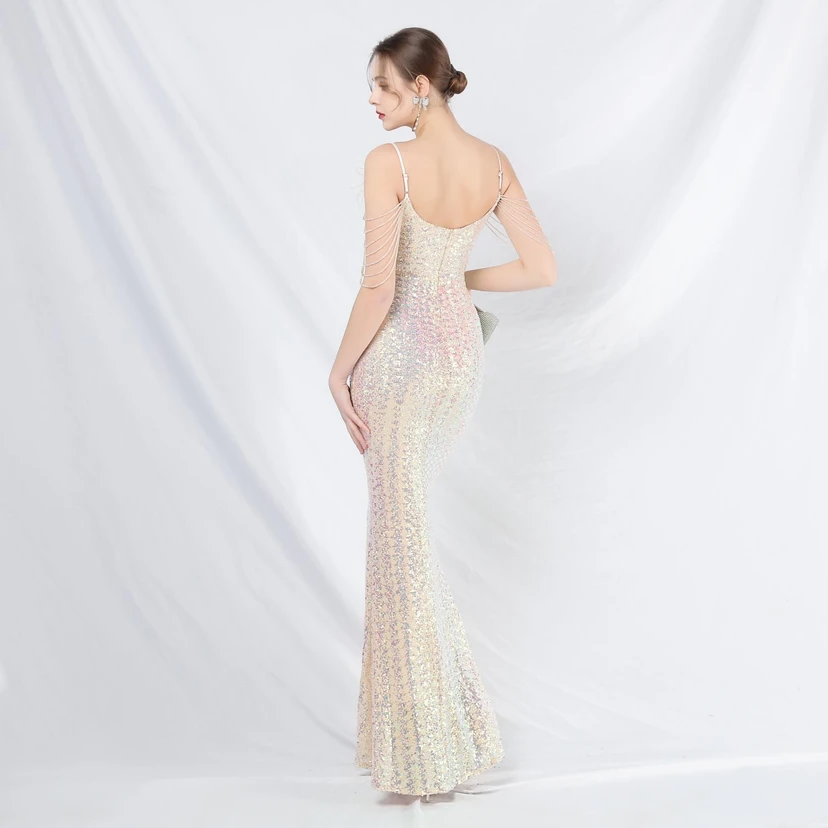 Craft Beaded Ostrich Feather Fantasy Sequined Long Evening Dress view 24