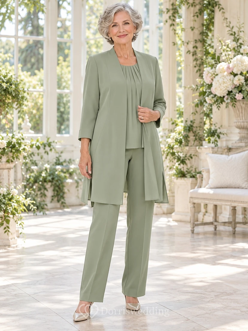 Simple Modest Sage Three-quarter Sleeve Long Jacket Mother Pantsuit