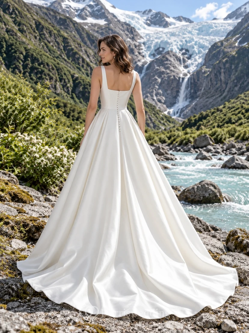 Schlichtes Brautkleid aus Satin mit quadratischem Ausschnitt, Schleifenträgern und A-Linien-Profil view 2