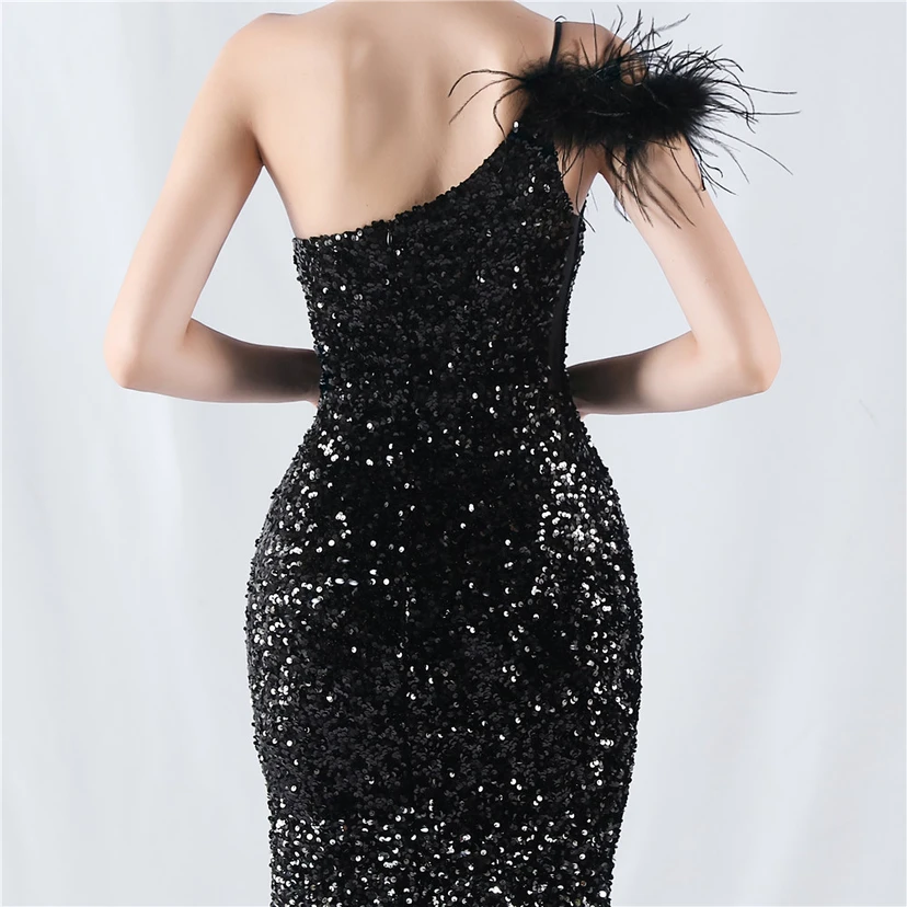 Gradient Velvet Bottom Sequins Craft Beading Ostrich Hair One-Shoulder Oblique Collar High-Slit Evening Dress view 17