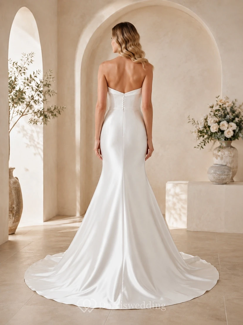 Vestido de novia sencillo estilo sirena, sin tirantes, con escote corazón y cola larga. view 2