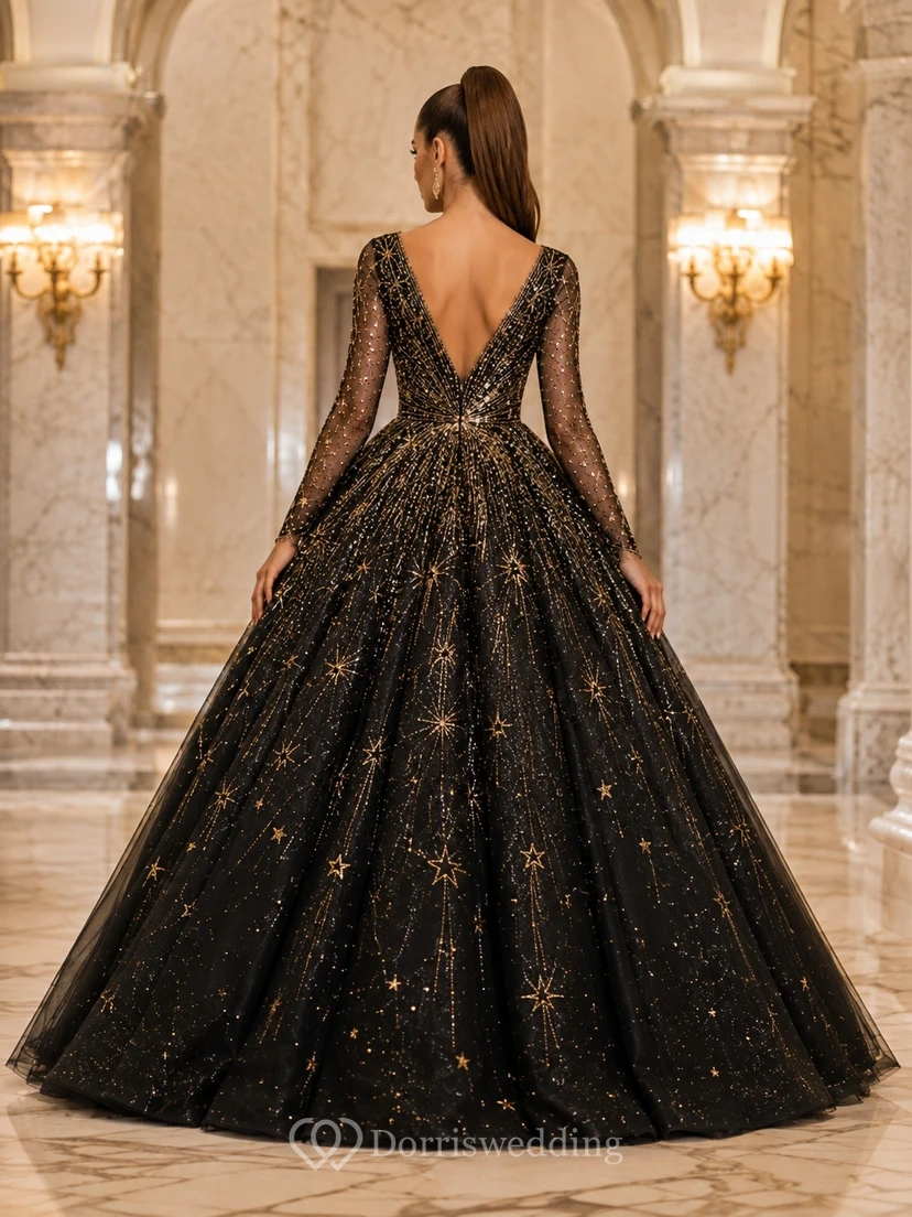 Black Tulle V-neck Long Sleeve Sequin Ball Gown Dress view 2