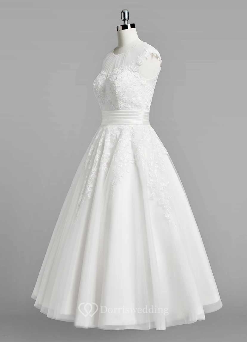 Jewel Neck Cap Sleeve A-Line Lace Tea Length Wedding Dress With Ruched Belt view 2