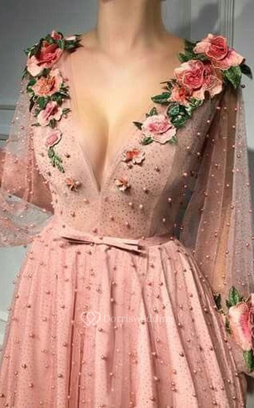 Sexy, rosafarbenes, tief ausgeschnittenes, plissiertes Abendkleid mit Puffärmeln und Blumenmuster view 2