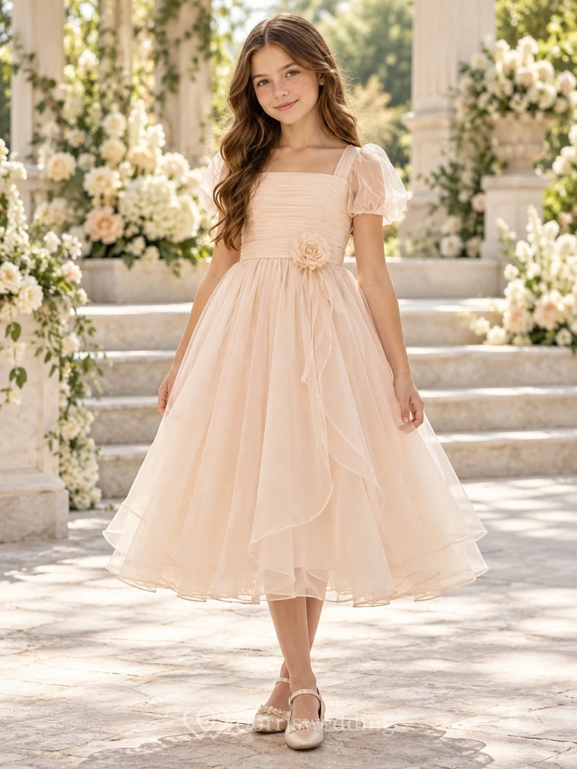 Blush Square Neck Puff Sleeve Rosette Organza Flower Girl Dress