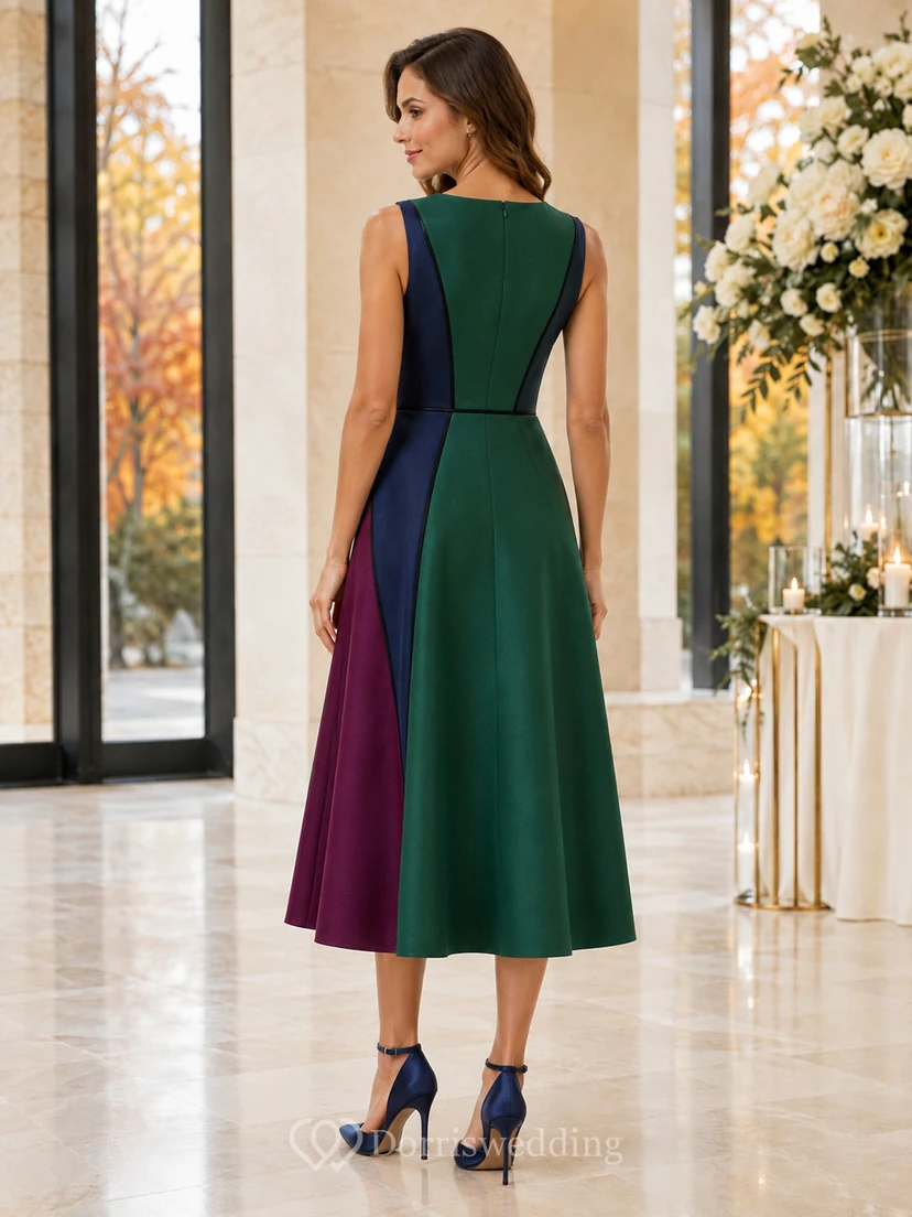 Robe d'invitée sans manches à motif bateau et blocs de couleur, coupe trapèze, couleur bijou view 2