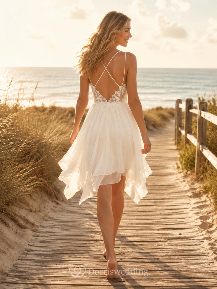 Vestido de novia bohemio de gasa con escote en V y tirantes finos, estilo tirantes asimétricos, ideal para la recepción o ceremonia en la playa. view 2