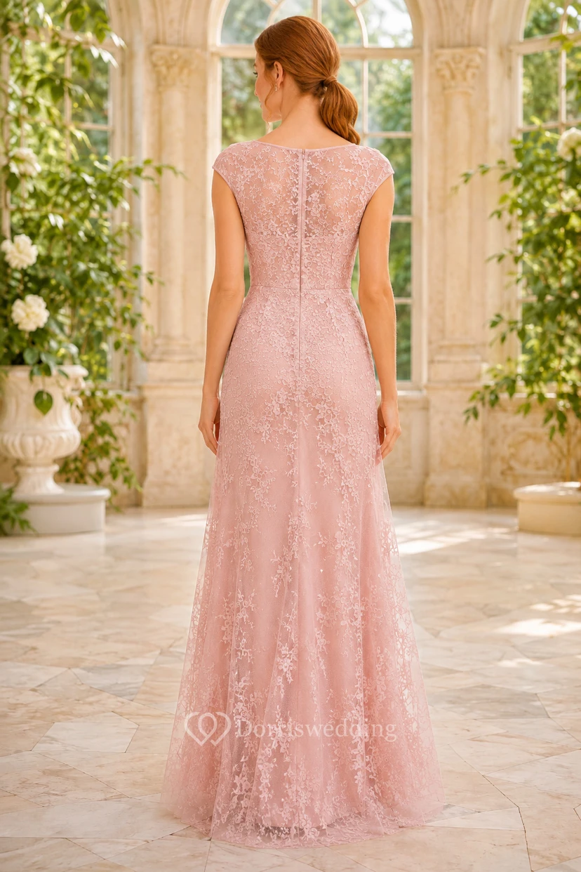 Evening Gown Blush Lace Sheath Bateau Neck Short Sleeve Floor Length view 2
