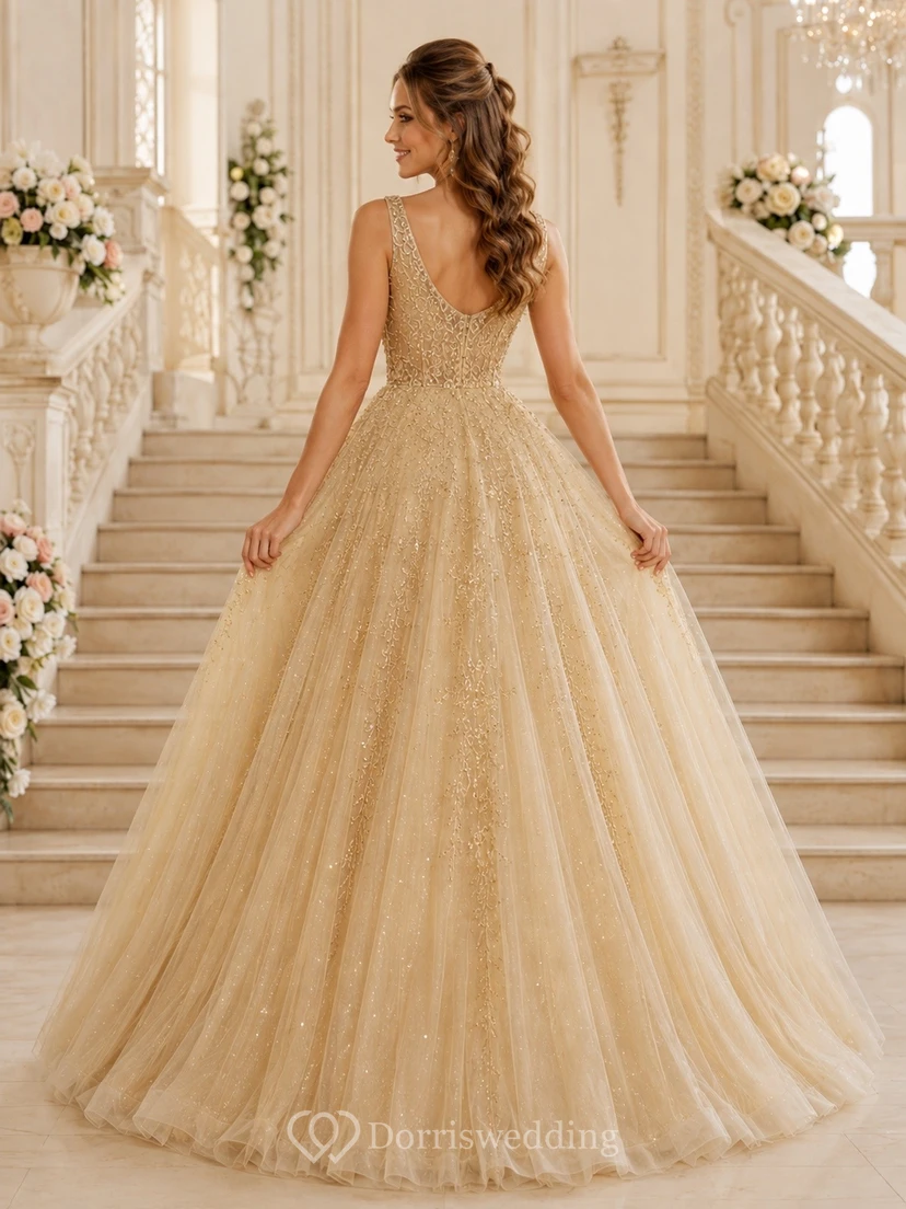 Champagne Lace Beaded Sweetheart Tulle Full Ball Gown view 2