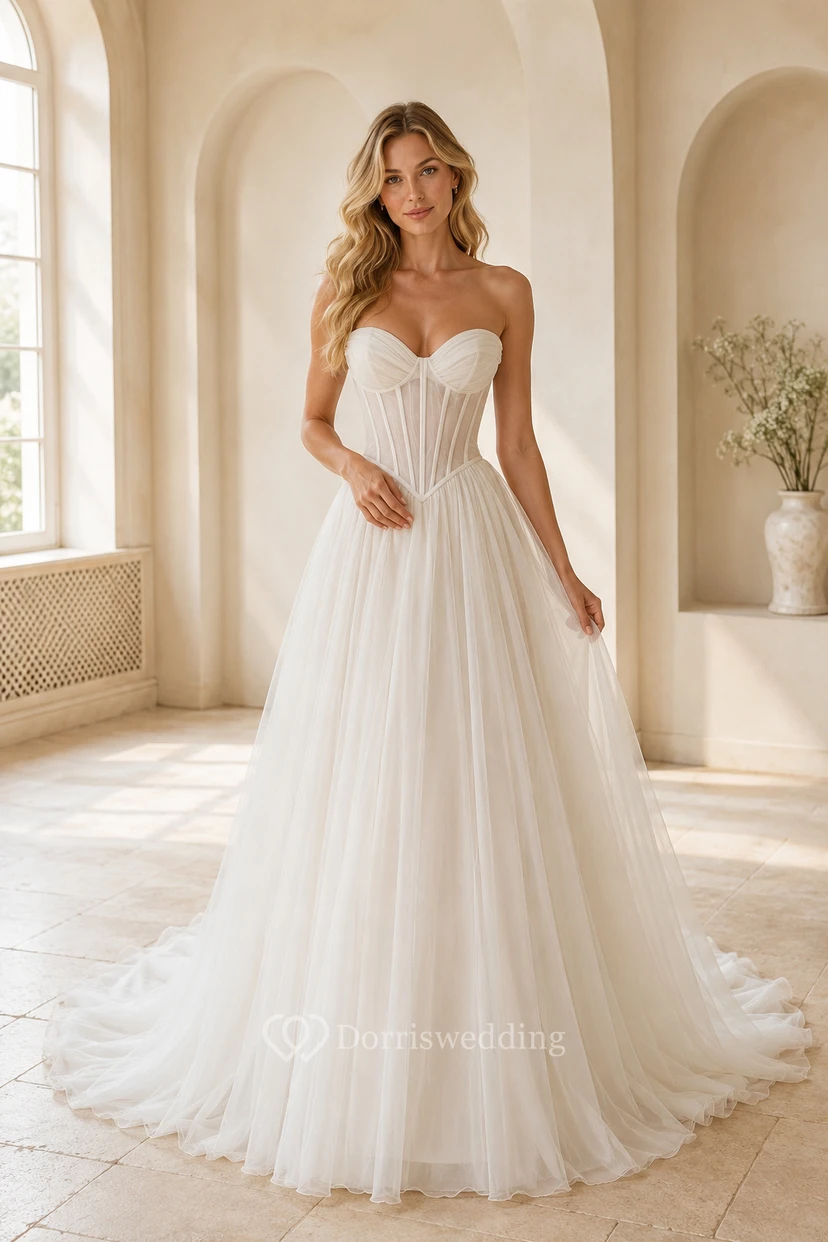 Tüll-Hochzeitskleid, A-Linie, trägerlos, Herzausschnitt, Schleppe