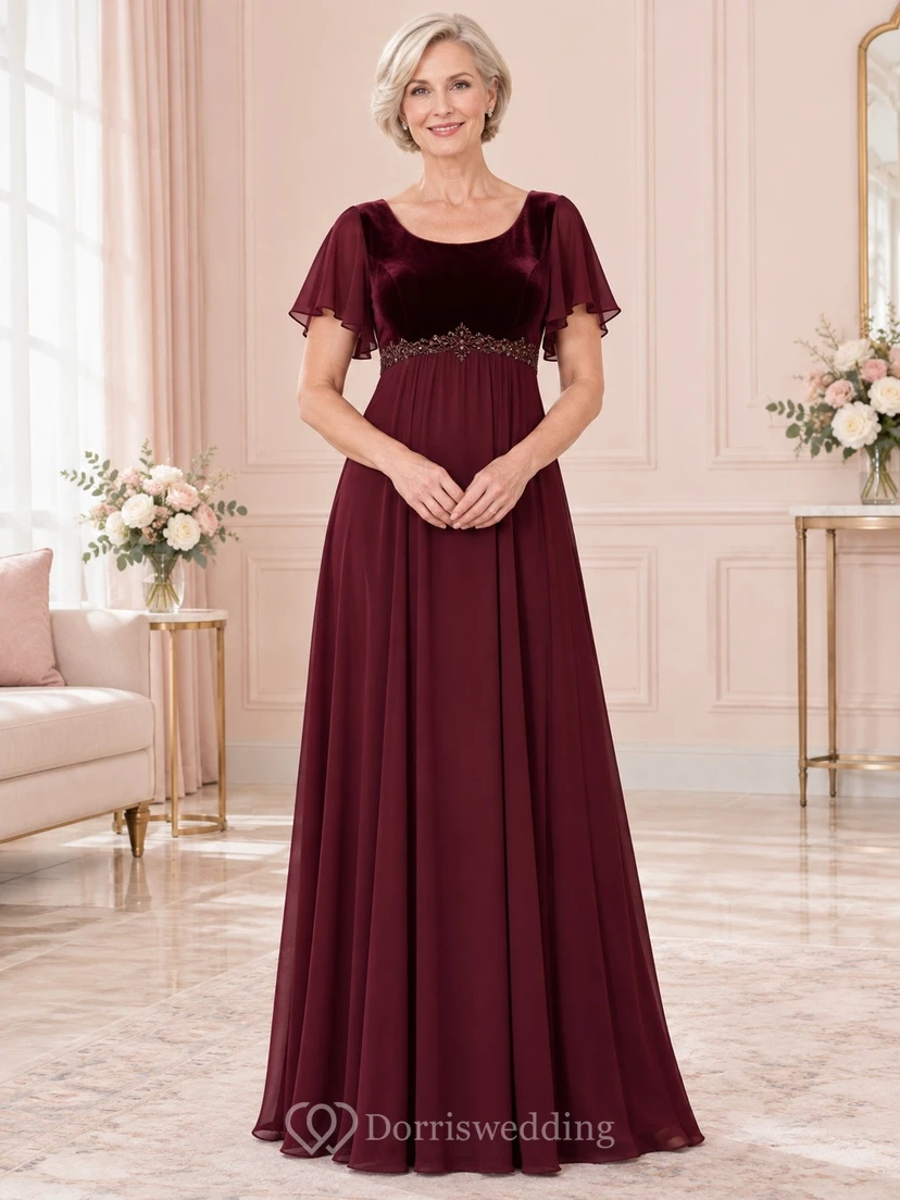 Vestido de gasa con cuentas, corte imperio, largo hasta el suelo, corpiño de terciopelo, mangas con volantes y detalles de cuentas, ideal para la madre de la novia.