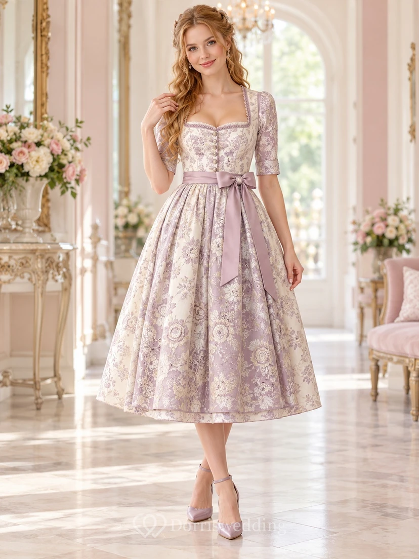 Vintage Lavender Sweetheart Elbow Sleeve Floral Jacquard Dirndl Dress