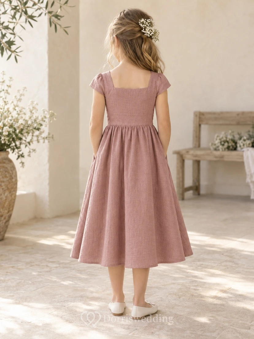 Square Neck Simple Tea-length Dusty Rose Cap Sleeve Linen Flower Girl Dress view 2