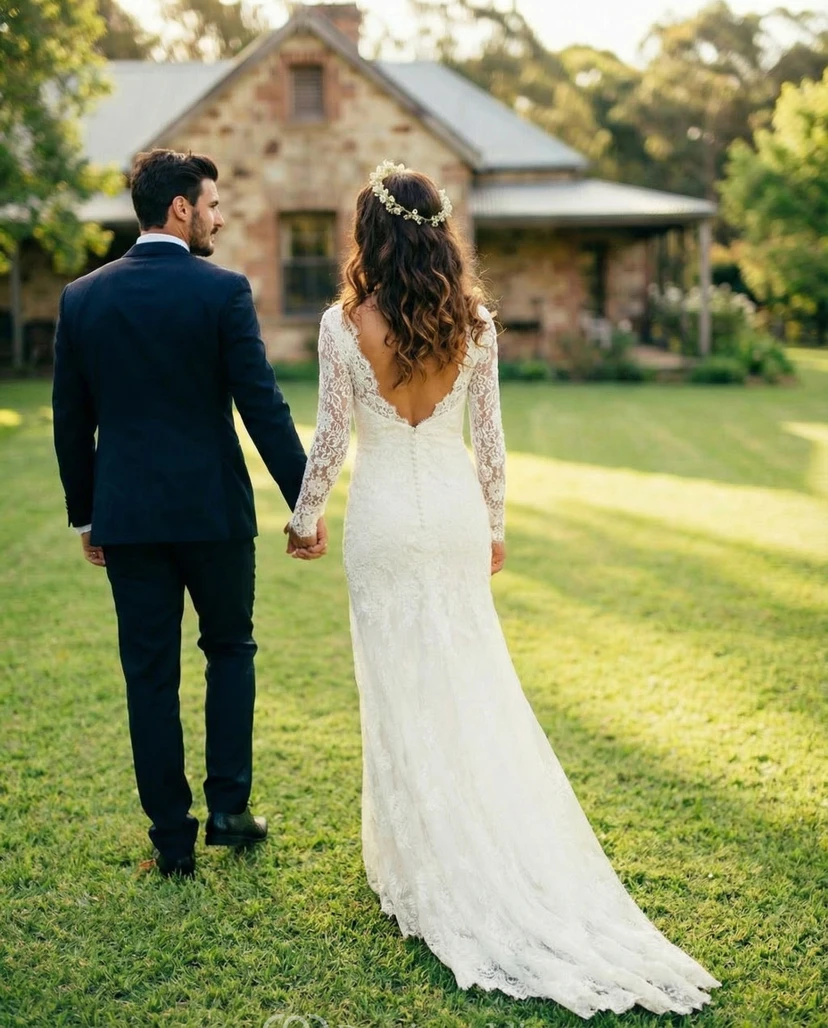 Vestido de novia clásico de encaje con escote en V - Vestido de novia de corte sirena ajustado de manga larga con cola view 3