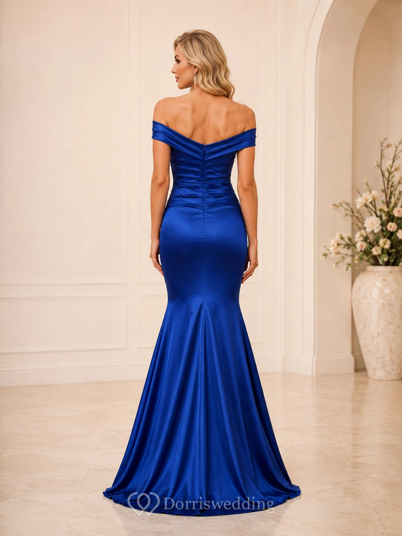 Royal Blue Off-Shoulder Sweetheart Ruched Satin Mermaid Sweep Evening Gown view 2