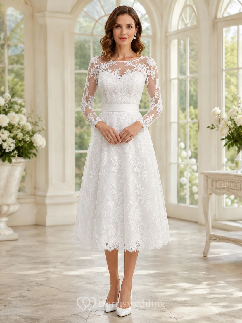 Lässiges, schlichtes Brautkleid mit Spitze, Schmucksteinen, langen Ärmeln, herzförmigem Ausschnitt, A-Linie und Teelänge
