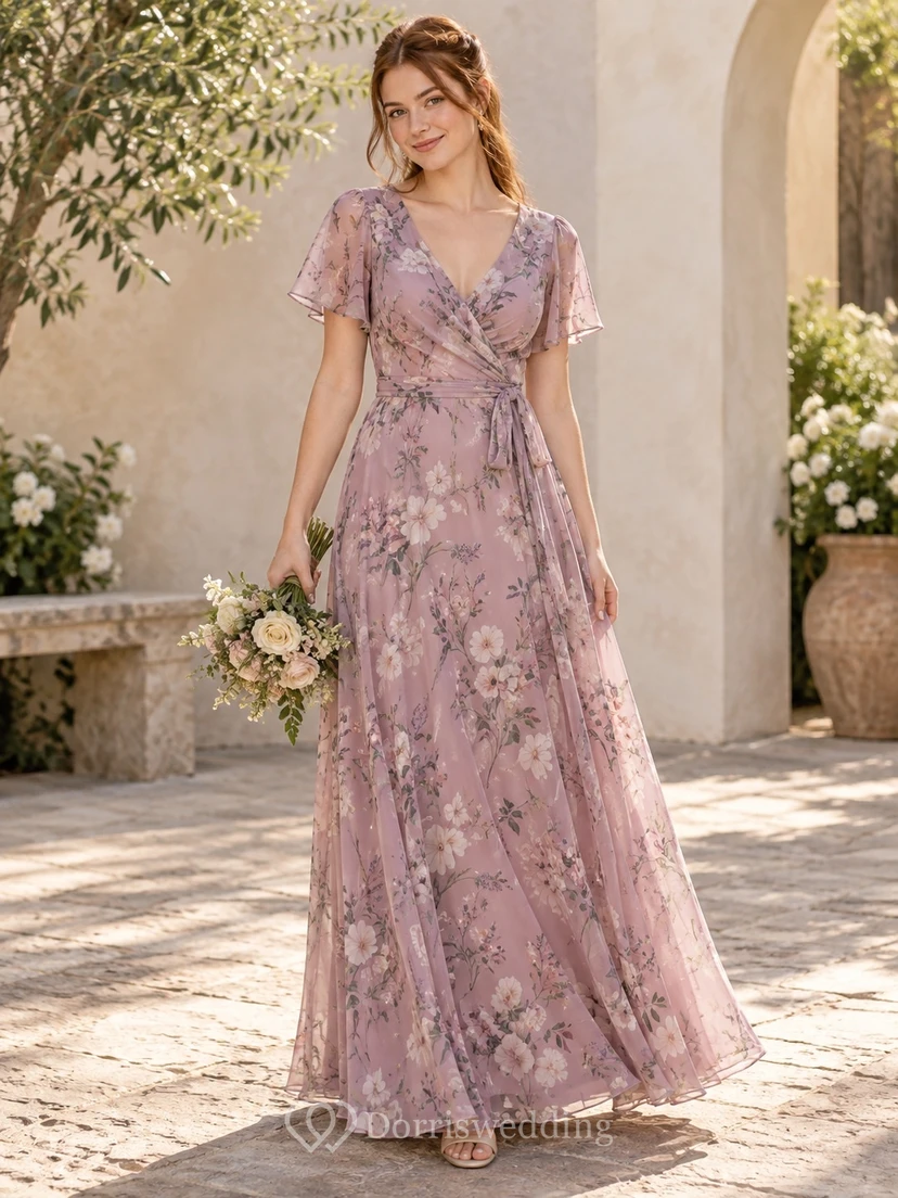 Petite Brautjungfernkleid aus Chiffon mit Blumenmuster, V-Ausschnitt, flatternden Ärmeln und ohne Schleppe, bodenlang