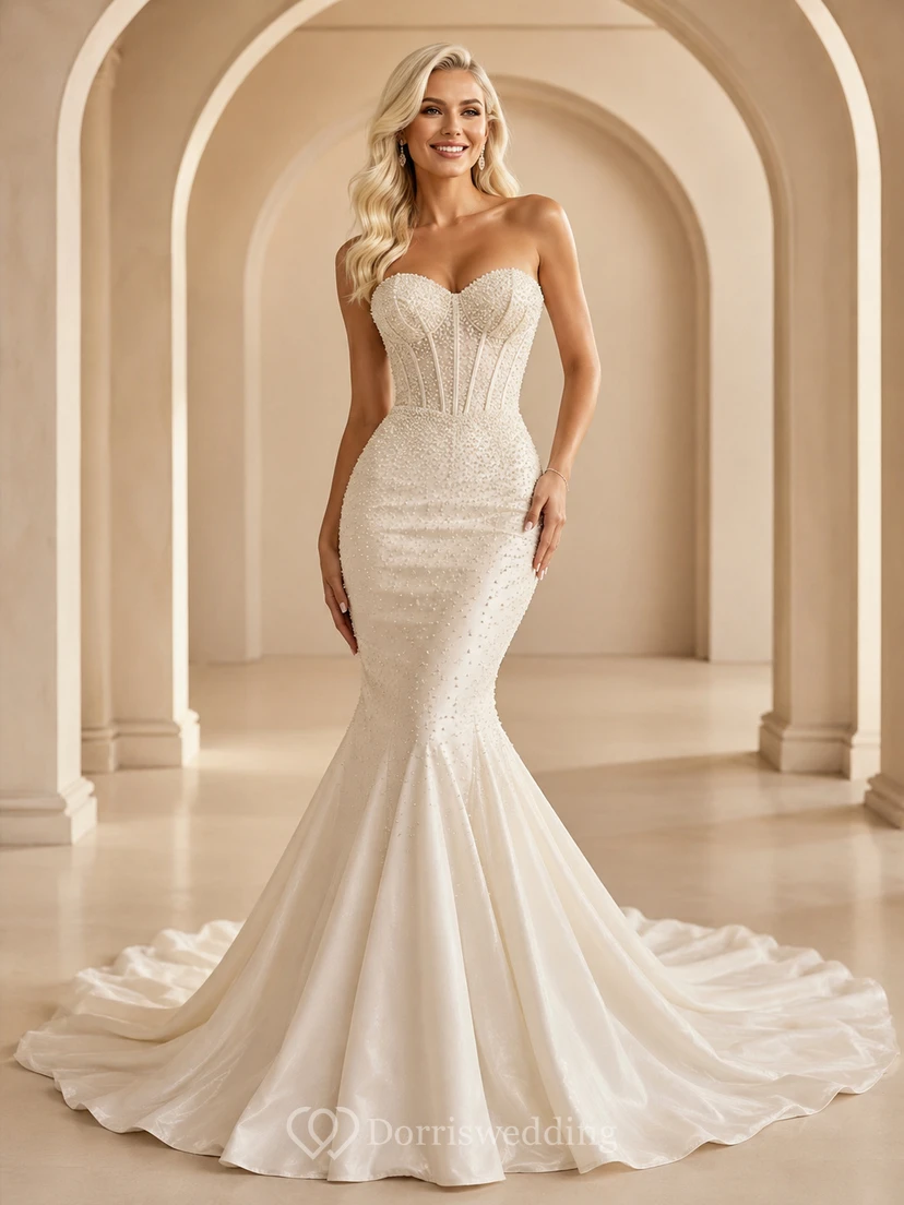 Robe de mariée sirène en satin à dentelle florale, bustier cœur sans bretelles et corset, longueur au sol, avec traîne.