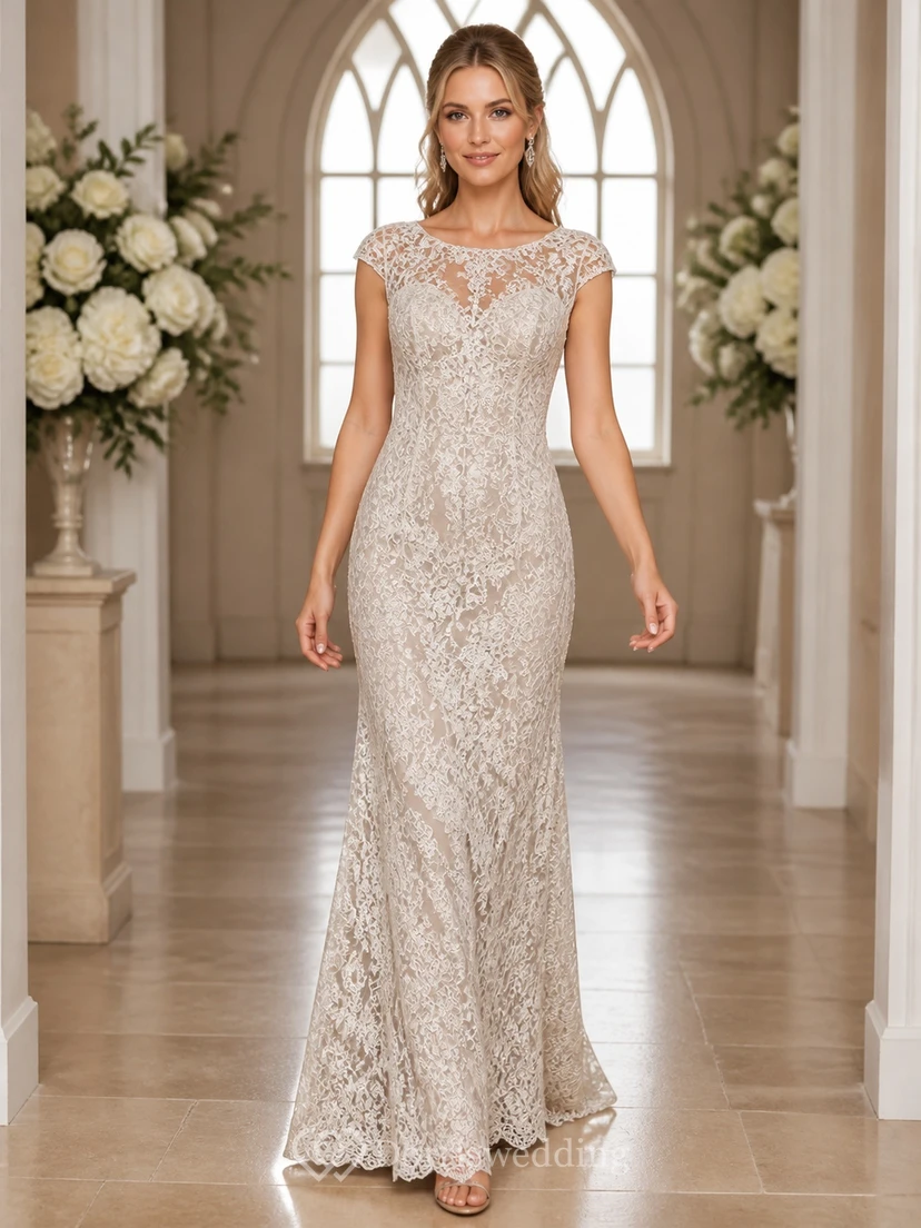 Vestido de novia modesto de corte recto con cuello alto y encaje hasta el suelo