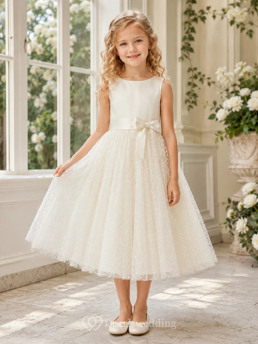Robe de demoiselle d'honneur élégante et romantique en tulle à pois suisses, col rond, sans manches, à double nœud, longueur thé, coupe trapèze, couleur champagne.