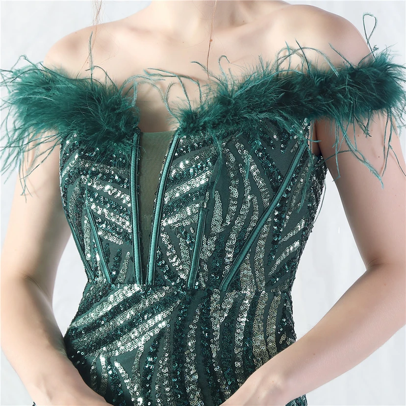 Robe de soirée haut de gamme à sequins, ornée d'un gilet à taille en arêtes de poisson et de plumes d'autruche. view 28