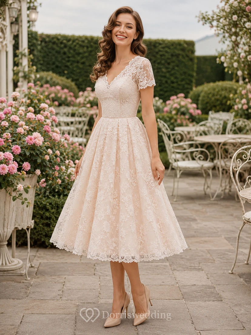 Robe de mariée rétro vintage en dentelle à manches courtes et longueur thé, à petit prix