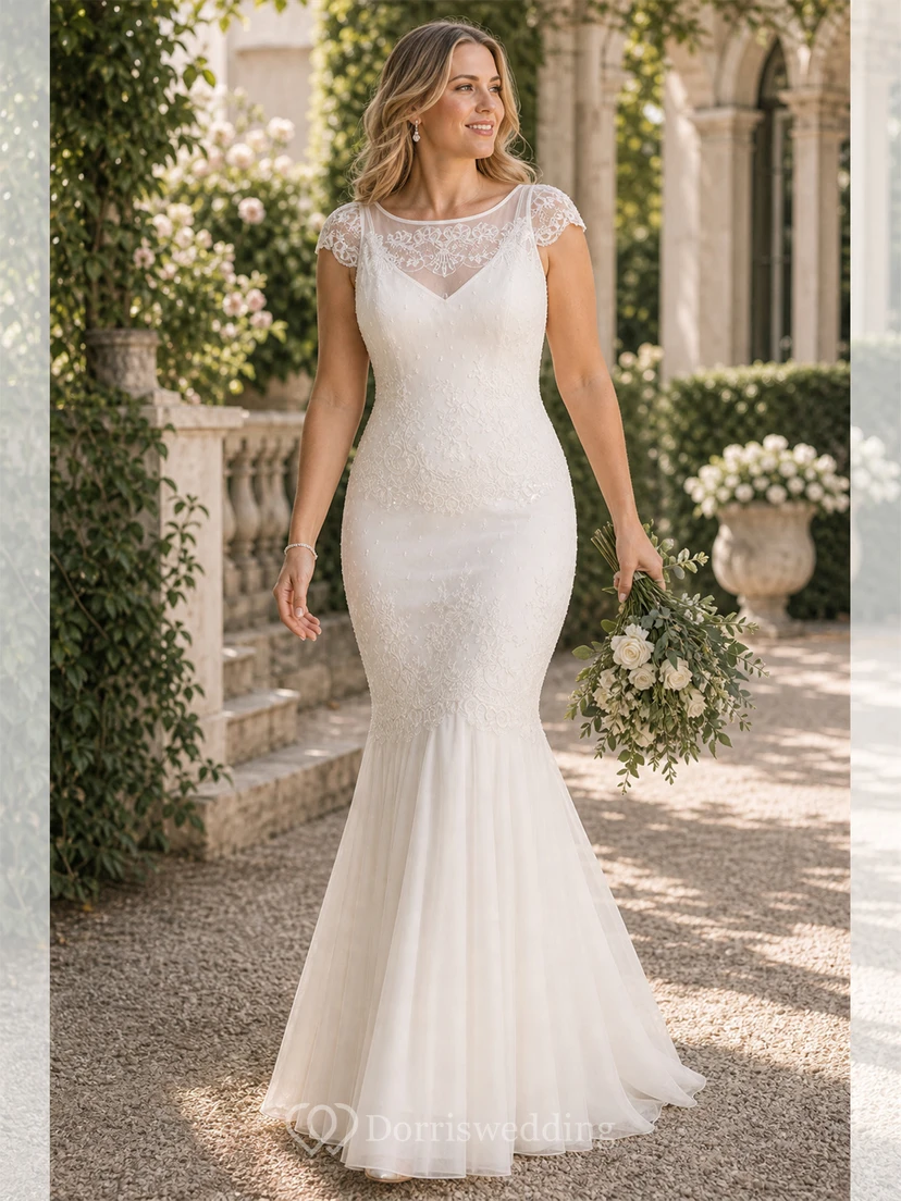 Vestido de novia maxi de encaje con escote redondo y mangas cortas con efecto ilusión. view 5