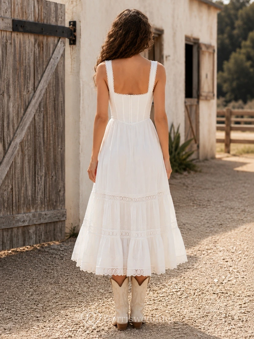 Robe de campagne blanche en mousseline à col carré sans manches et ourlet asymétrique view 2