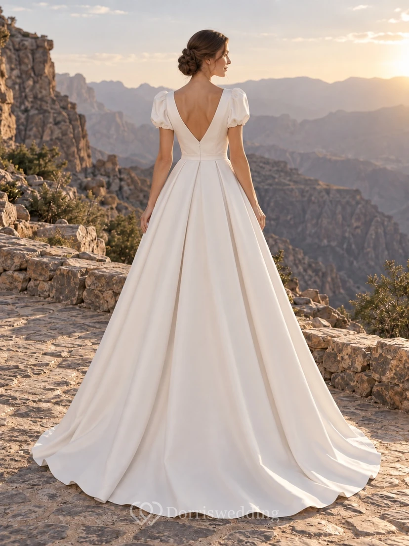 Simple V Neck Short Puff Sleeve Satin A Line Wedding Dress view 2
