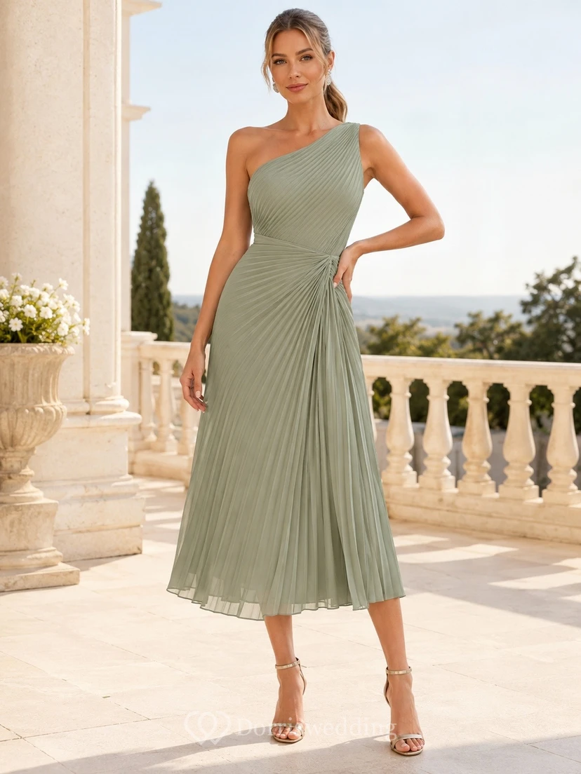 Sage Pleated One-Shoulder Chiffon A-Line Midi Occasion Dress