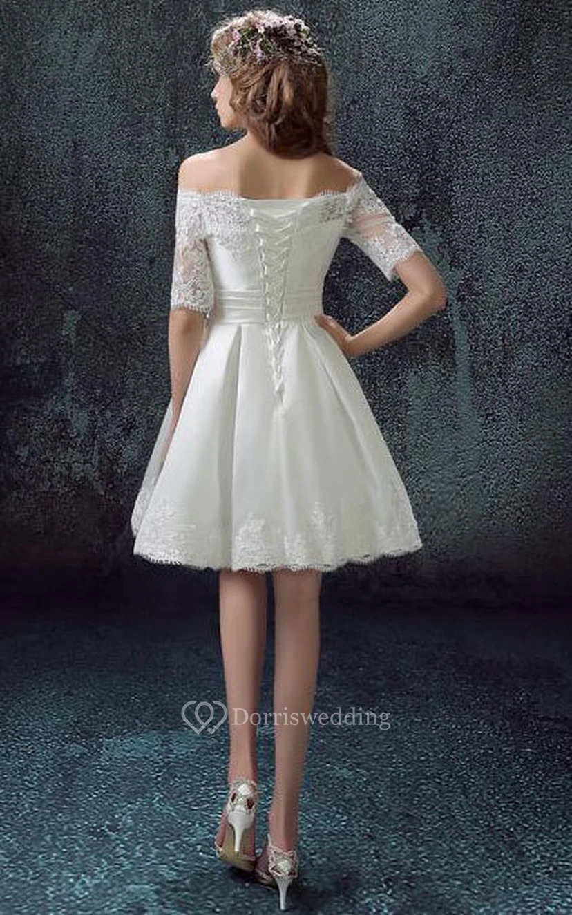 Half-sleeved A-line Short Satin Dress with Lace view 2