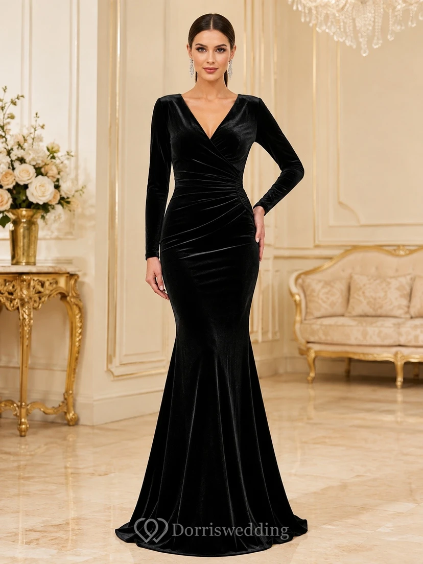 Vestido de noche formal de invierno de terciopelo negro con escote en V y mangas largas, estilo sirena.