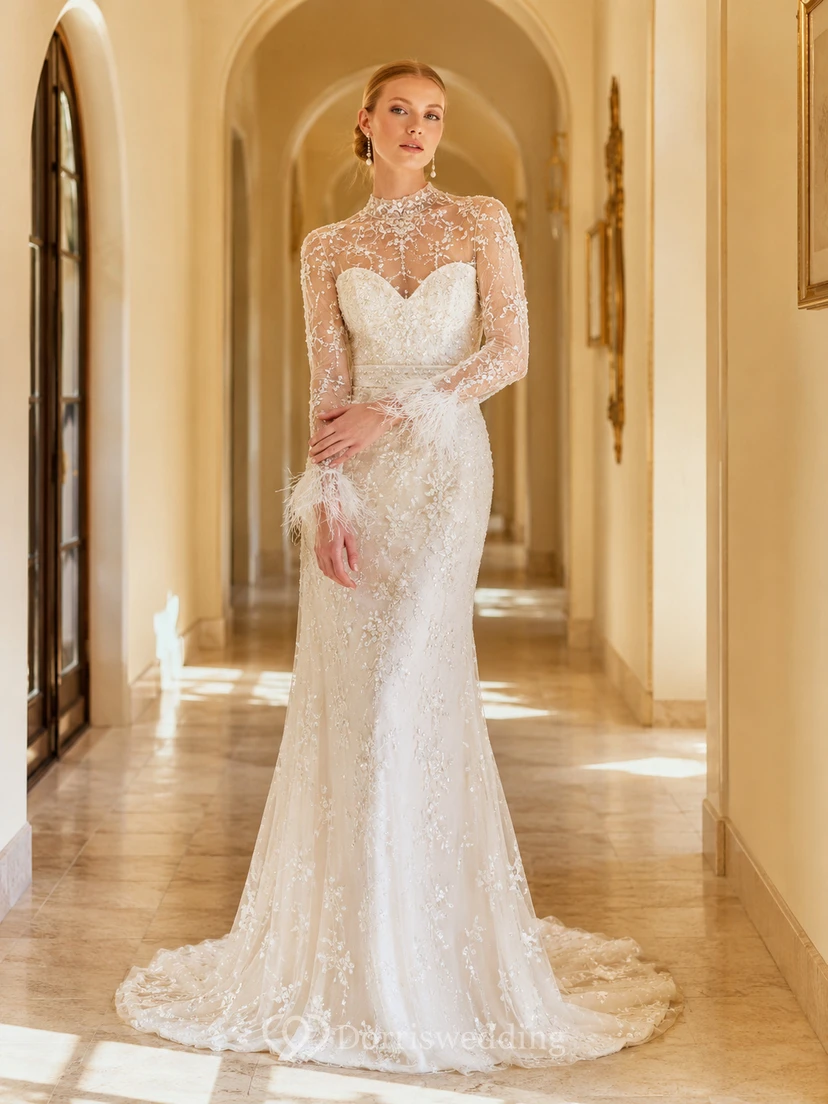 Robe de mariée sirène en dentelle à col montant et manches illusion longues