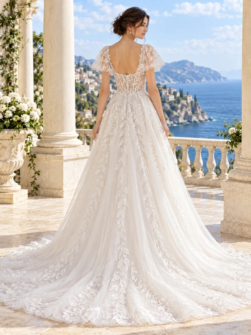 Flutter Sleeve Leaf Embroidered Corset Full A-line Bridal Wedding Dress view 2