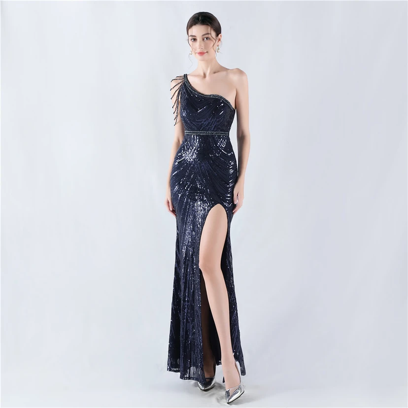 Positioning Flower Beaded Craft Beaded One-Shoulder Oblique Collar High Slit Evening Dress view 41