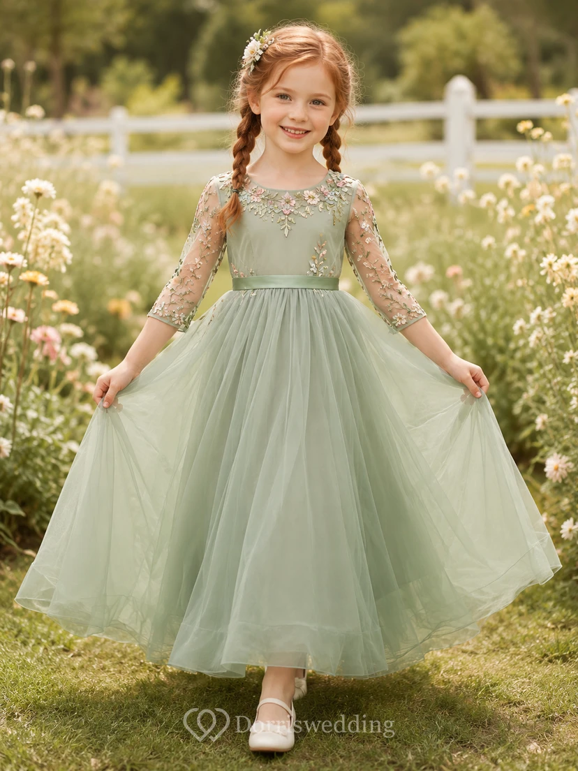 Sage Floral Lace Flower Girl Gown with Long Illusion Sleeves, Tulle A-Line Skirt, Appliqued Bodice, and Formal Finish