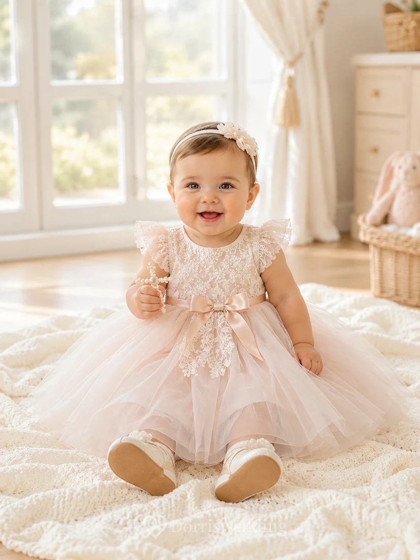 Blush Lace Bodice Tulle Baby Christening A-Line Flower Sash Dress
