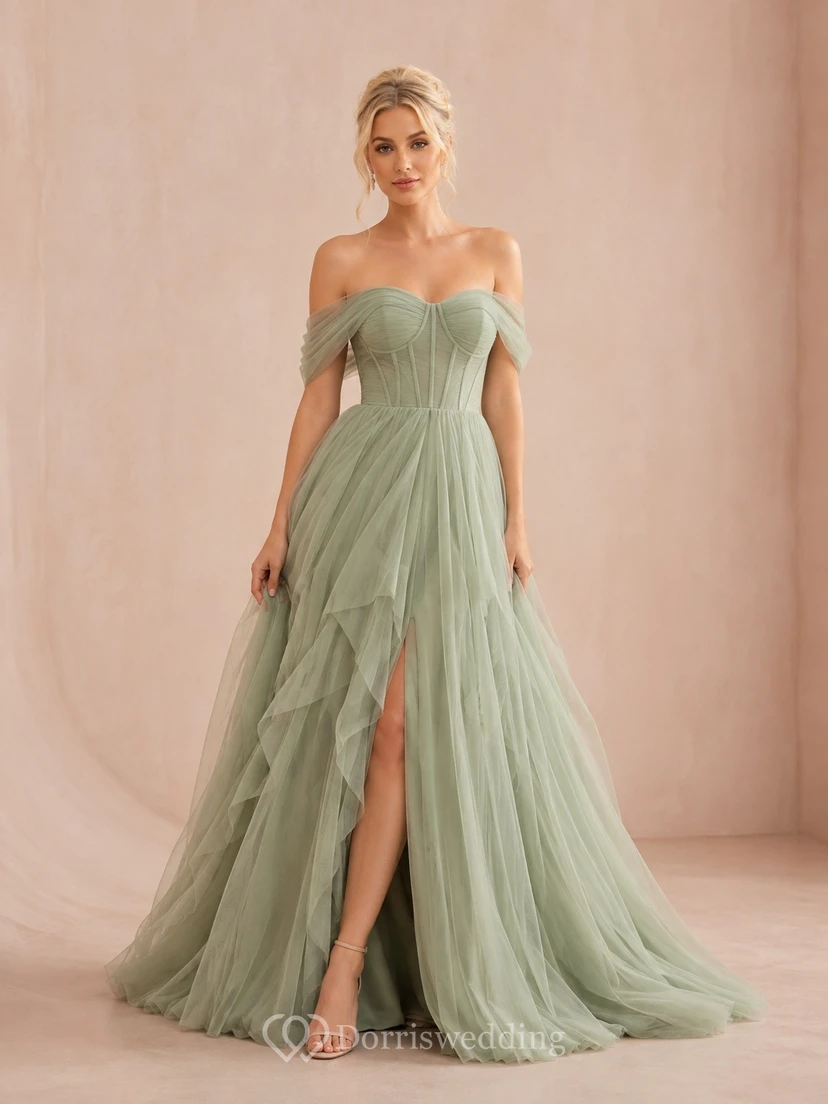 Sage Green Off-the-Shoulder Tulle Mermaid Sweep Train Gown