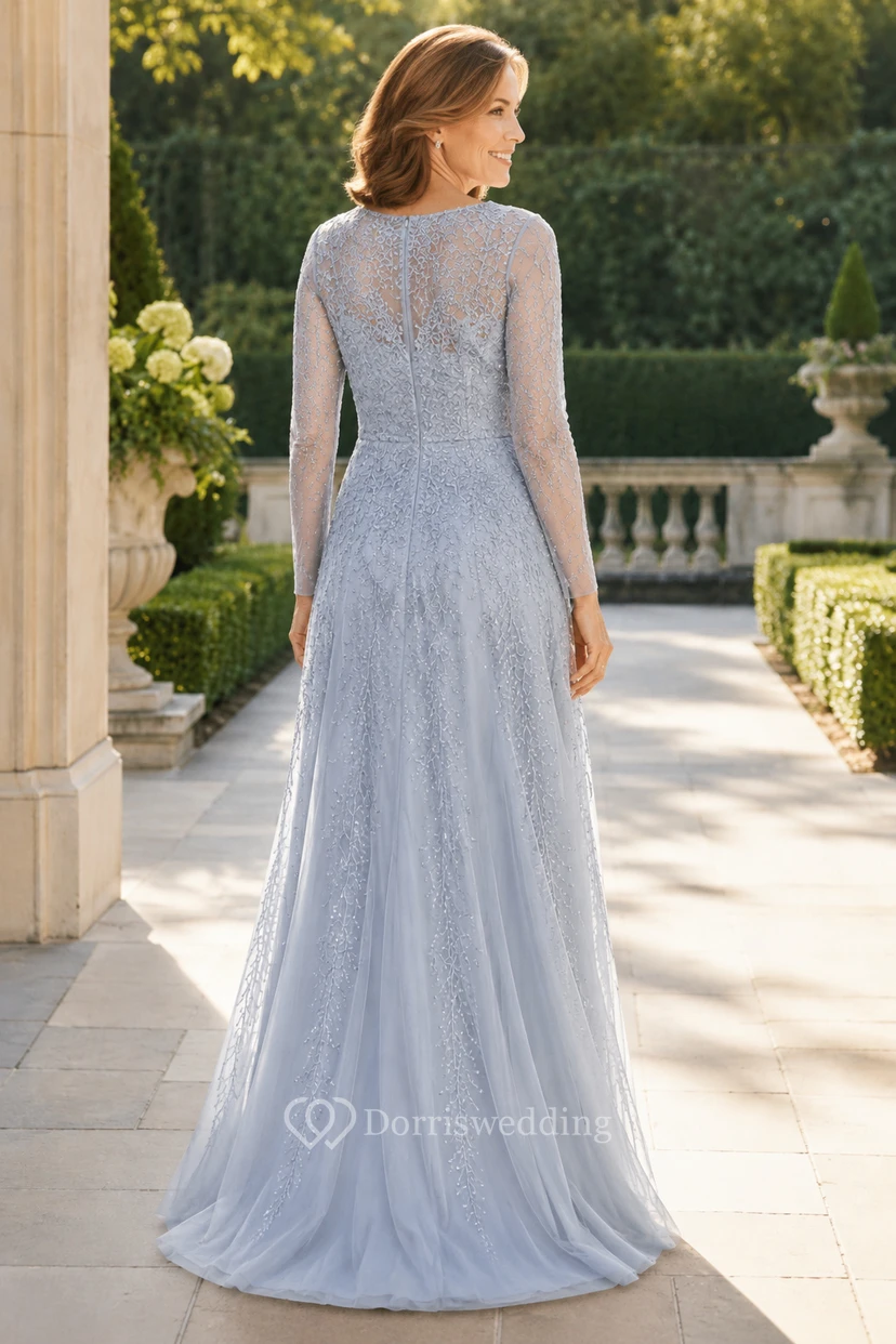 Silberblaues A-Linien-Kleid aus Spitze mit langen Ärmeln view 2