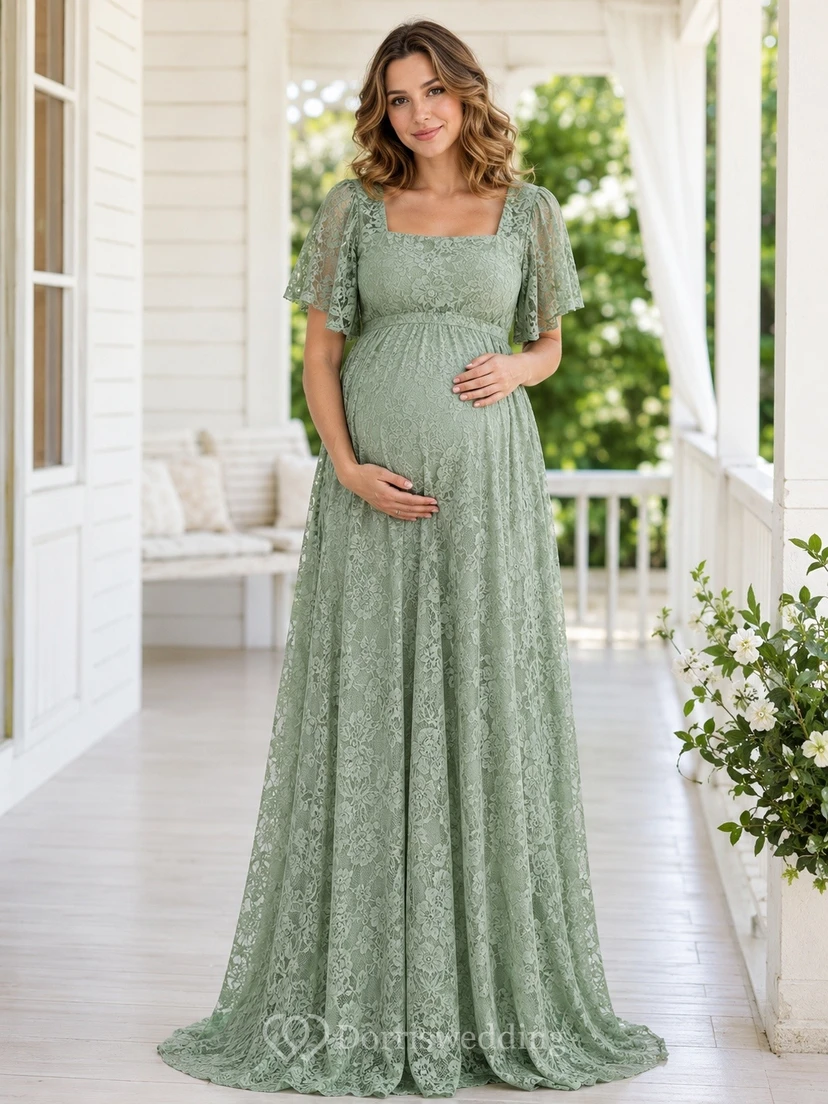 Sage Romantic Elegant Square Short-Sleeve Lace Ruched A-Line Floor-Length Formal Dress