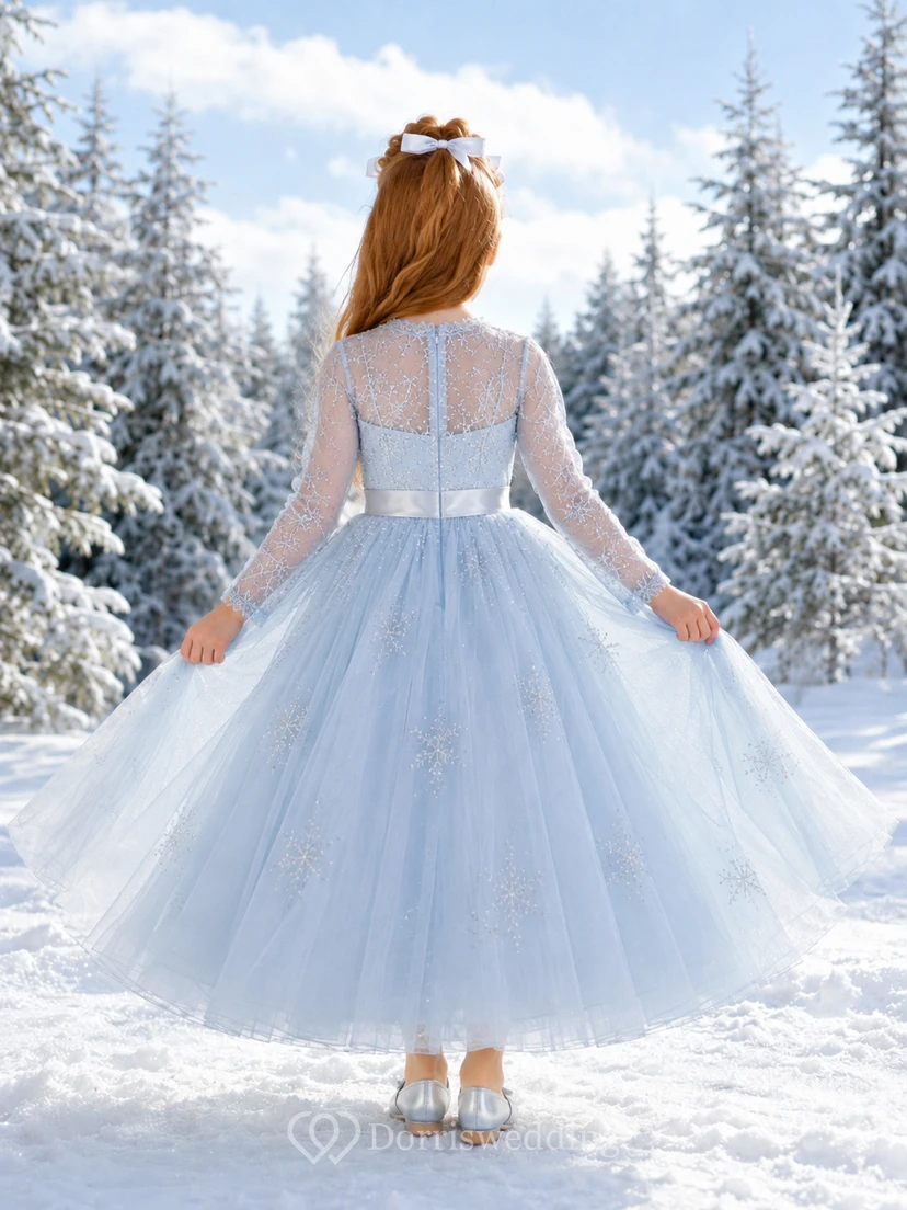 Elegant A-Line Flower Girl Dress with Square Neck Illusion Long Sleeves Sky Blue Tulle Court Ceremony view 2